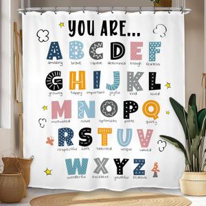 ABC Alphabet Kids Shower Curtain 72Wx72L Inch Educational Learning Tools Study Inspirational Motivational Positive Nursery Bathroom Set Accessories Decor with 12 Pack Hooks