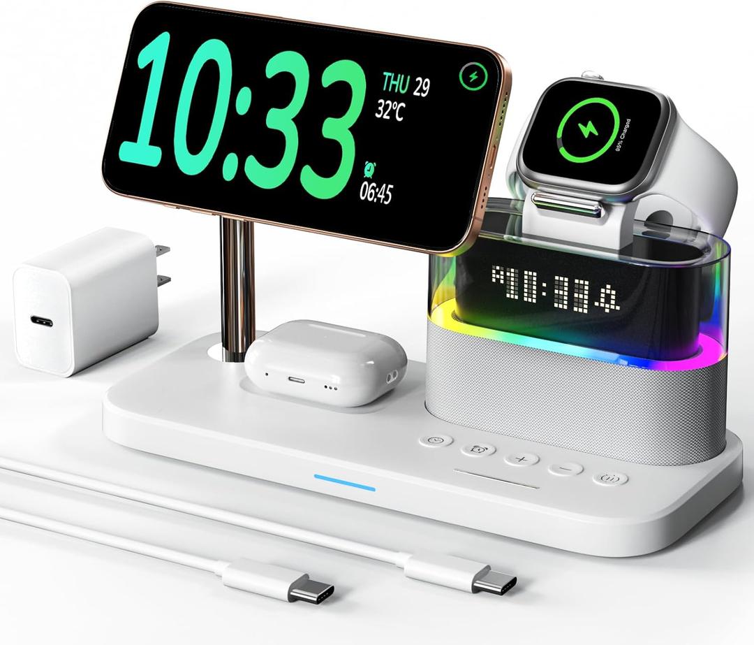 Compatible with Qi2 Certified Wireless Charging Station with Alarm Clock and Night Light,15W Fast 5 in 1 Mag-Safe Charger Stand for iPhone 16 15 14 13 12 Pro Max,Apple Watch,Air-Pods(White)