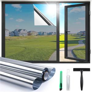 Haton One Way Window Privacy Film, Window Tint for Home with Tools, Static Cling Removable, UV Sun Heat Blocking Reflective Mirror Film, See Out Not in, Silver, 17.5 by 157.4 inch