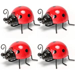 Metal Garden Decor for Outside Cute Ladybugs Yard Art Lawn Ornaments Wall Sculptures & Statues Outdoor Fence Decorations for Patio - Set of 4