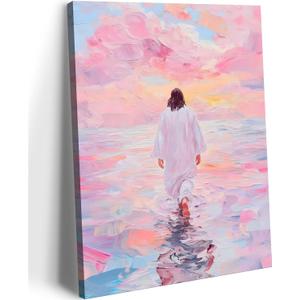 2 x Framed Pink Jesus Walking On Water Wall Art Christian Canvas Prints 12x16in, 16L"x12W" Canvas