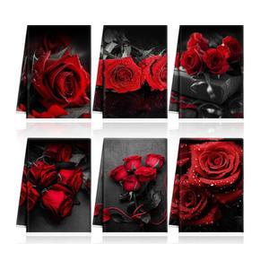 Breling Valentine's Day Red Rose Kitchen Towels Set of 6 Vintage Flowers Dish Towel Bathroom Decorative Rustic Tea Cloths for Valentine Kitchen Bathroom Home Decoration, 14 x 21 Inch