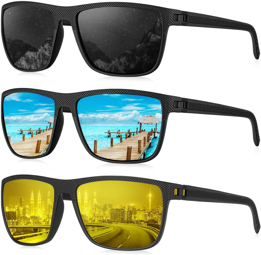 KALIYADI Polarized Sunglasses for Men, Lightweight Sun Glasses with UV Protection for Driving Fishing Golf ((3 Pack) Night Vision/Black/Ice Blue)