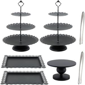 GMWD Set of 7 Black Cake Stand Desserts Display Table Pedestals 3-Tiered Cupcakes Holder Serving Tray Decorative Weddings Birthdays Party Baby Showers Celebrations