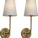 Pathson Set of 2 Vintage Wall Sconces Linen Fabric Shade, Hardwired Bathroom Vanity Lights Brass Finish, Industrial Wall Mounted Fixtures for Bedroom Living Room (Antique Brass)