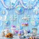 Soulchen 14 Pcs Winter Wonderland Snowflake Party Decorations Baby Shower Party Ornament with 6ft Backdrop Snowflake Hanging Honeycomb Fan and Garland for Baby Its Cold Outside Decor