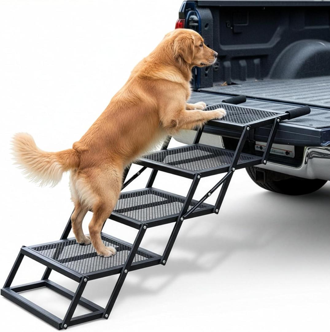 Foldable 4-Step Dog Stairs for Cars, Trucks & SUVs  Heavy-Duty Carbon Steel Pet Ladder Supports 230LB, Non-Slip Metal Mesh, Joint-Friendly Portable Ramp for Large & Small Dogs