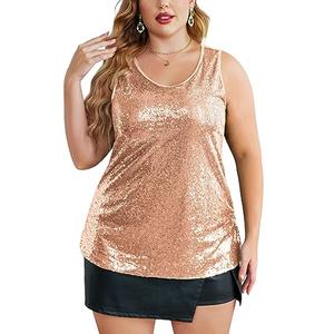 IN'VOLAND Women's Sequin Tops Plus Size Glitter Tank Top Sleeveless Sparkle Shimmer Shirt Tops Camisole Vest Rose Gold, Size 22Plus