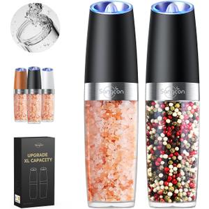 Sangcon Gravity Electric Salt and Pepper Grinder Set Shakers UPGRADED 9OZ XL CAPACITY Battery Powered Refillable Automatic One Hand Operation Adjustable Coarseness Mill Grinder Set for Kitchen