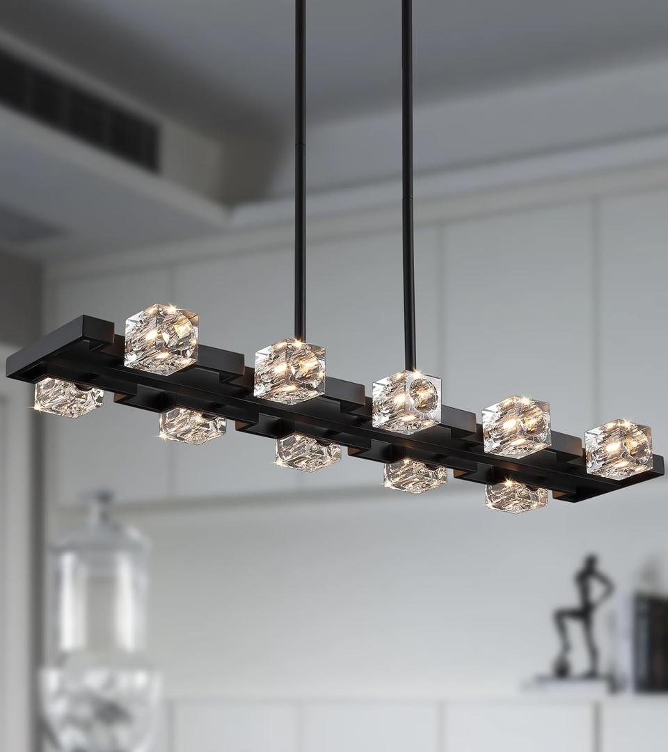 AMZASA Black Modern Crystal Chandeliers for Dining Room,10 Lights Large Industrial Rectangle Chandelier for Kitchen Island Dining Table Bar Cafe Restaurant