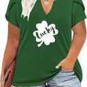 VISLILY Plus-Size-Tops for Women Casual Petal Sleeve T Shirts Summer V Neck Loose Comfy Tee (Green)