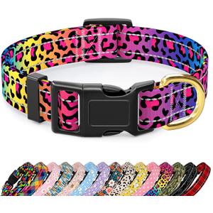 Reflective Dog Collar for Small Dogs Cats, Cute Leopard Style Adjustable Heavy-Duty Nylon Puppy Collar for Boy and Girl Female, Soft Pet Accessories with Quick Release Buckle, Neon (S (Neck 10-16", Width 3/4"))
