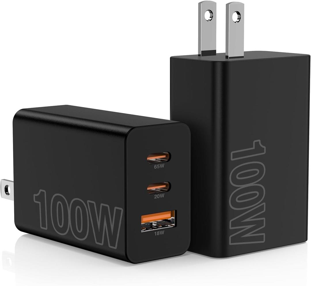 2Pack 100W USB C Wall Charger Block, 3-Port USB C Charging Adapter,Multi Super Fast Charging Power Plug Cube for MacBook Pro/Air,i-Pad Pro,i-Phone 17/16/15, Galaxy S25,and More-Black