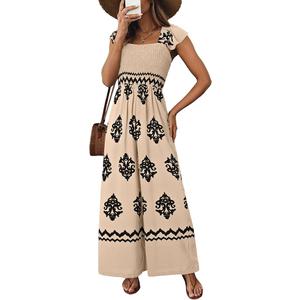 Happy Sailed Womens Summer Jumpsuits Printed Square Neck High Waisted Pockets Wide Leg Rompers Beach Fashion Vacation Outfits, Size S