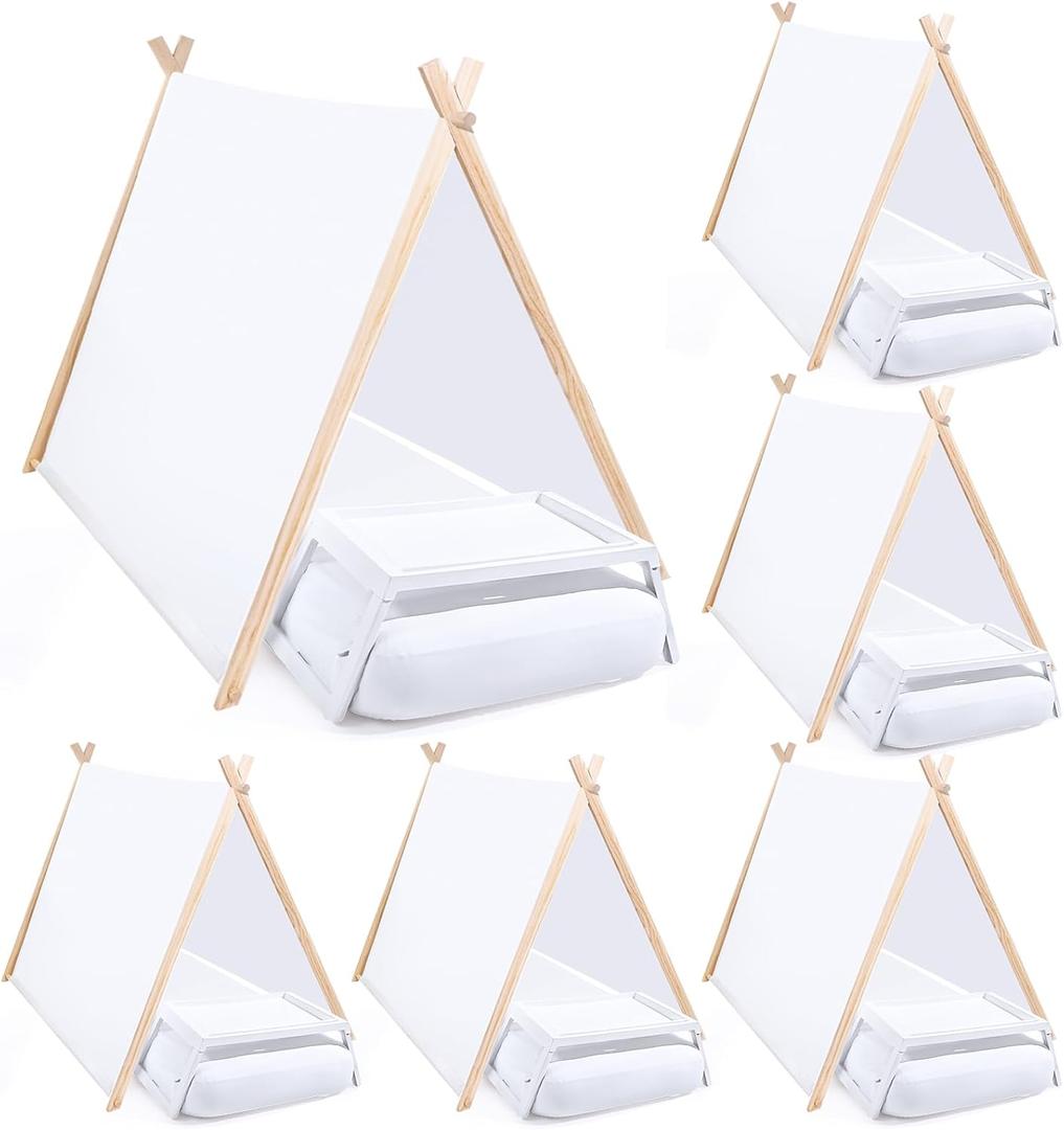 6 Set Kid Teepee Tent, Inflatable Airbed Fitted Sheet and Bed Tray Table with Folding Leg Toddler Play Tent White Washable Foldable Tent for Boy Girl Indoor Outdoor Slumber Sleepover Party