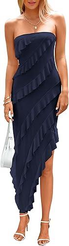 PRETTYGARDEN Summer Wedding Guest Dresses for Women 2025 Strapless Tube Ruffle Elegant Dinner Cocktail Long Dress, Navy Blue, L