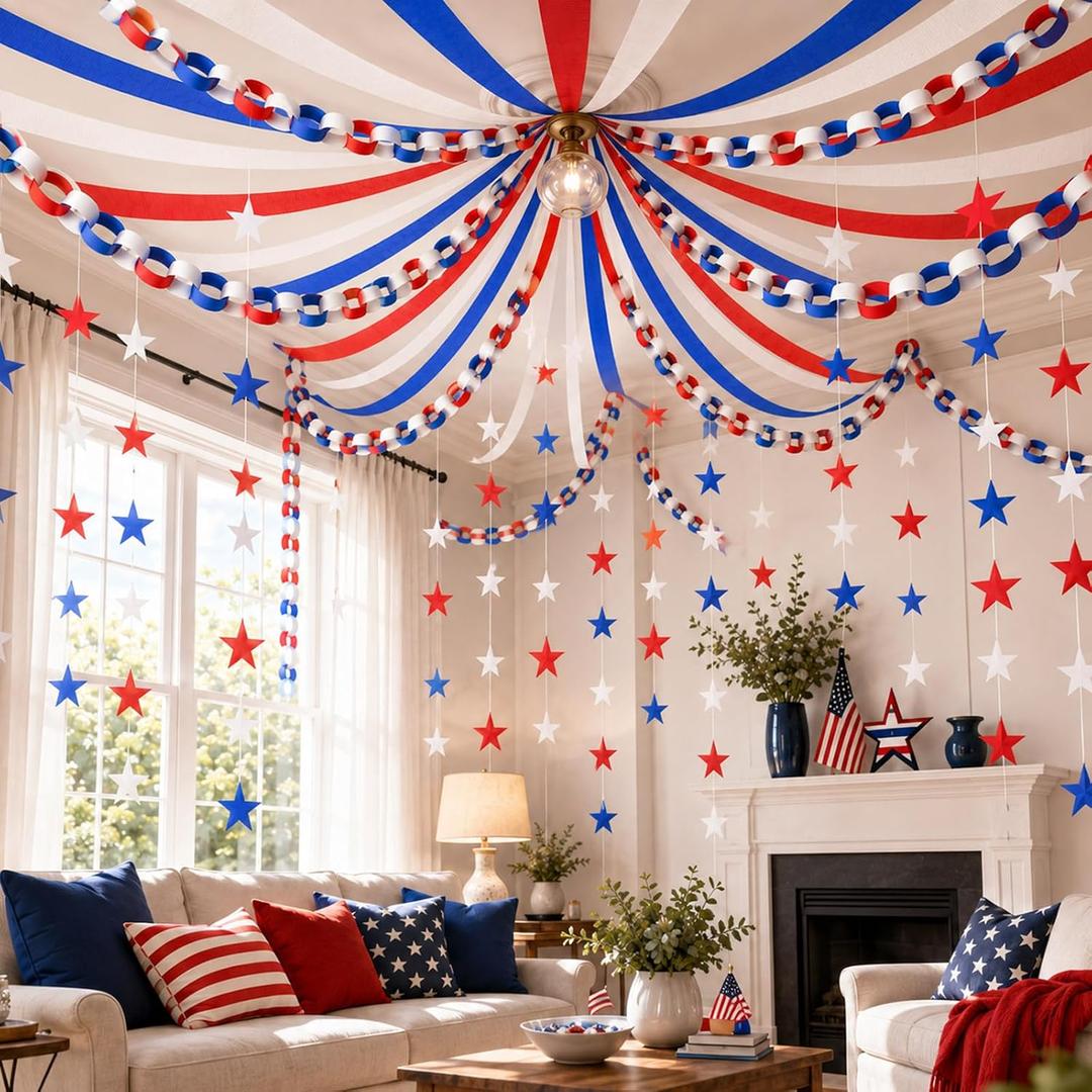 4th of July Party Decorations 492ft Red White Blue Crepe Streamers 300 Sheet Paper Strips Chain 78.7ft Star Garlands for DIY Crafts 250th Anniversary Patriotic Memorial Day Ceiling Decor