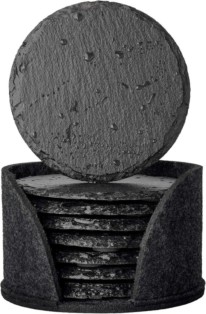 Urbanstrive Slate Drink Coasters with Holder, Set of 8, Round Slate Stone Coasters for Drinks Bar Home, 4 Inch, Black