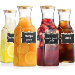 Glass Carafe with Bamboo Lid, Square 35 Oz Beverage Dispensers Carafe, Mimosa Bar Supplies, Round Clear Glass Pitcher with Name Labels for Iced Tea, Coffee, Juice(Set of 6)