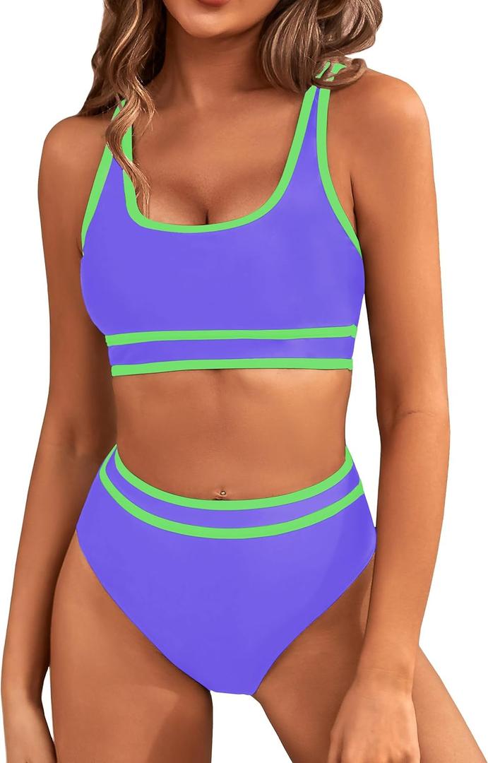 BMJL Women's High Waisted Bikini Sets Sporty Two Piece Swimsuits Color Block Cheeky High Cut Bathing Suits(L,Light Purple)