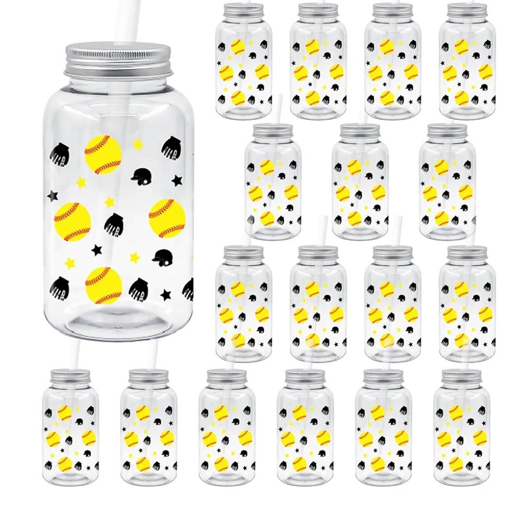 WGXX 18 Pcs Softballs Plastic Cups 14.2 oz Plastic Tumblers with Lid and Straw Clear Reusable Softballs Cups Sports Party Favors Birthday Sports Party Supplies