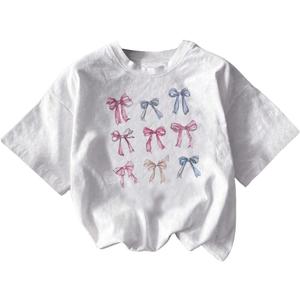 RoseSeek Girl's Graphic Tees Short Sleeve Bow Print Tee Tops Crew Neck Drop Shoulder Casual Summer T Shirts Size: 9 Years