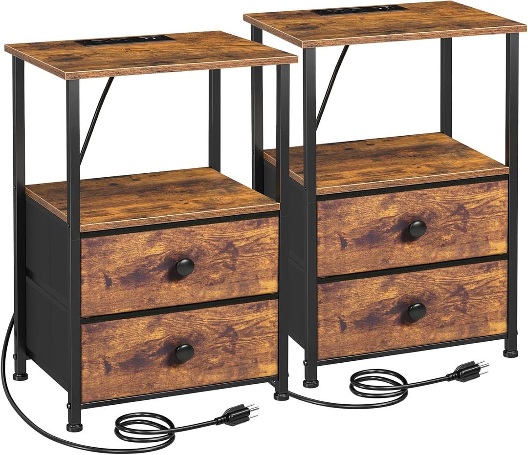 Night Stand Set 2, Nightstand with Charging Station, End Tables with Storage Shelf for Small Spaces, Bedside Table Side Tables with 2 Fabric Drawers for Bedroom, Rustic Brown, HETS020PBR