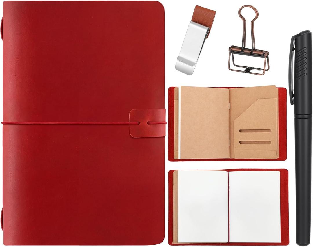Thenshop Travelers Refillable Leather Journal Notebook Travel Diary Handmade Passport Travelers Journal for Men and Women with 3 Notebook Inserts, Pen Holder, Binder Clip(Wine Red,A5 Size)