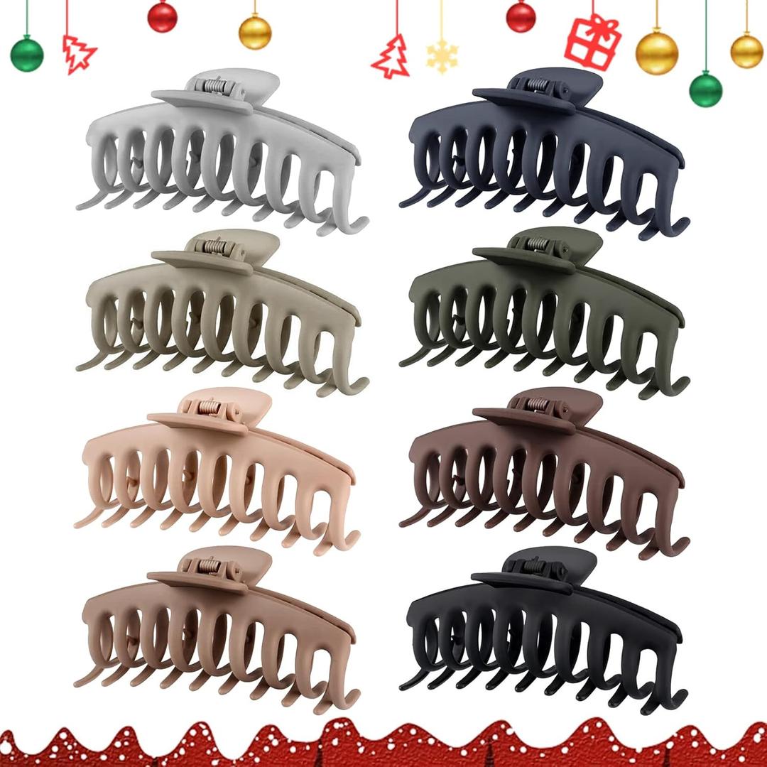 TOCESS Hair Claw Clips for Women  Large Clips for Thin Thick Hair Big Neutral Claw for Curly Hair Matte Nonslip Strong Hold 4.33 Inch Jumbo Claws Jaw Set (8 Pcs) (Rounded A.Black, Gray, Brown, Beige)