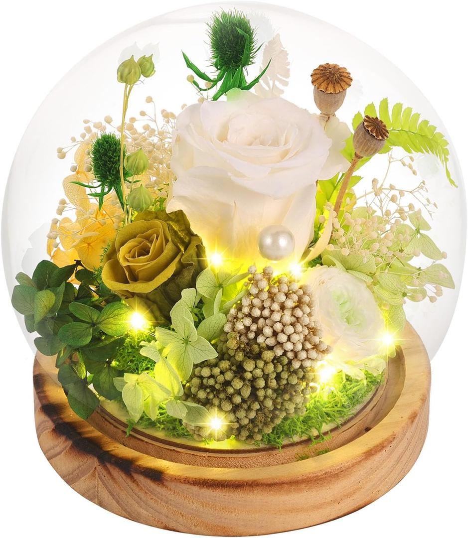 Preserved Flowers, Unique Rose flower Gifts Preserved Flower Gifts in Glass Dome for Women, Mom, Girlfriend and wife,Home Decor Gifts for Birthday, Mothers Day, Anniversary, Christmas, Wedding. (Whitegreen)