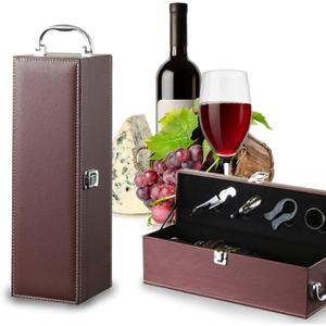 Bottle Wine Carrier,Leather Wine Gift Boxes,for Wedding, Anniversary,Travel, Restaurant, Party, Gifts for Wine Lovers, Storage Box for Home Bar Wine Collection With 4pcs Wine Accessories Setbrown