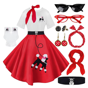 10Pcs Sock Hop Outfits Women, 1950s Poodle Skirts, T-Shirt with 50s Accessories Socks Scarf Headband Belt Earring L