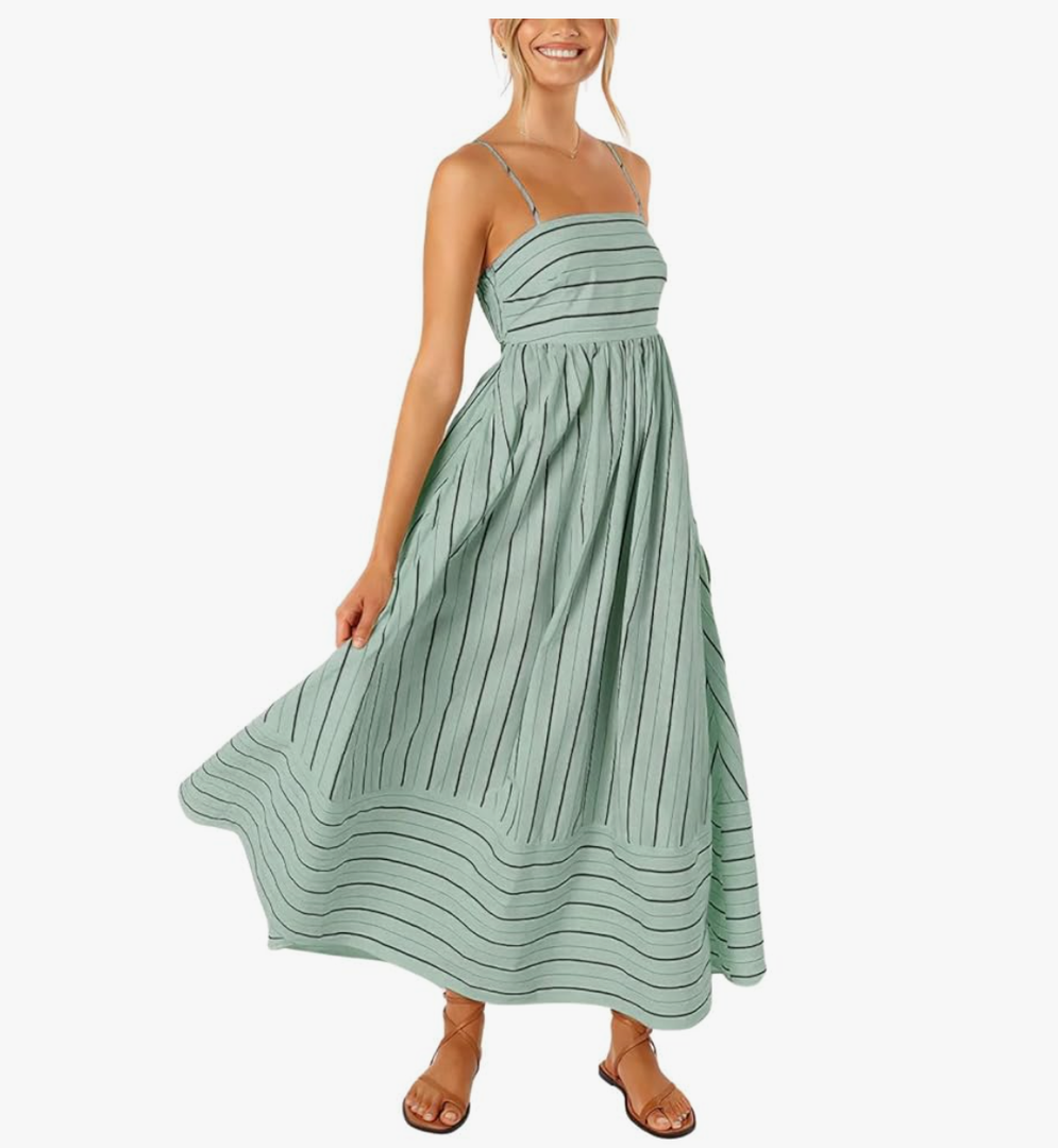 chouyatou Women's Striped Back Smocked Maxi Dress Sexy Spaghetti Strap Cut Out Flowy Swing Long Dress,S