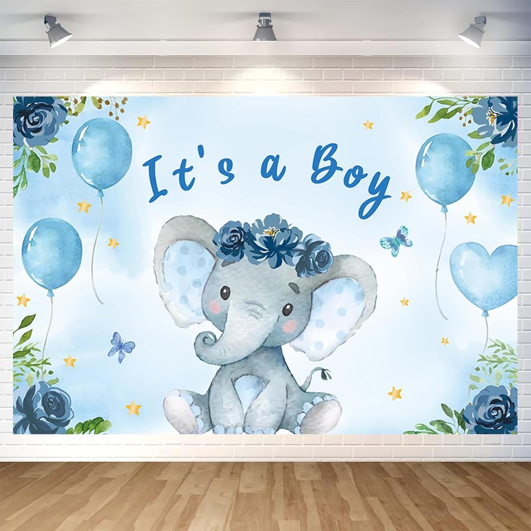 7x5ft Boy Elephant Baby Shower Backdrop It's A Boy Sign Photography Background Blue Elephant Baby Shower Party Cake Table Decoration Banner Photo Booth Props