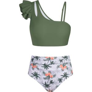 Girls Swimsuit, 2 Piece Bikini Set Ruffle Bathing Suit with Adjustable Strap Girls' Swimwear 14Y (Green)