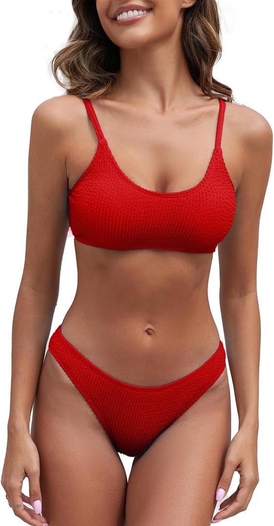 Fanuerg Women's Ribbed Bikini Sets Scoop Neck Cheeky Swimsuit Textured Two Piece Bathing Suit Red L