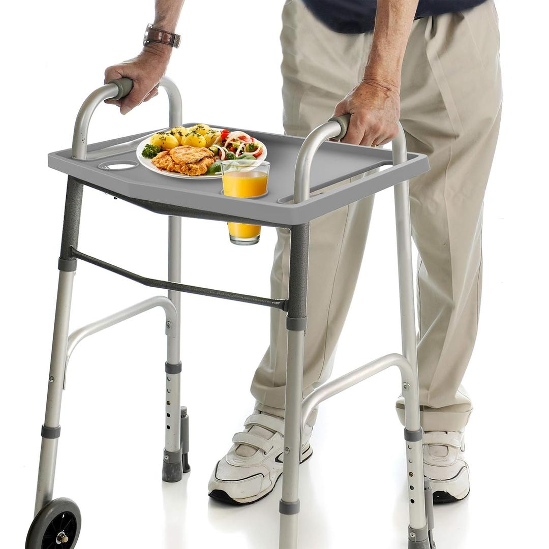 Bluestone Walker Tray Table with 2 Cup Holders, Gray