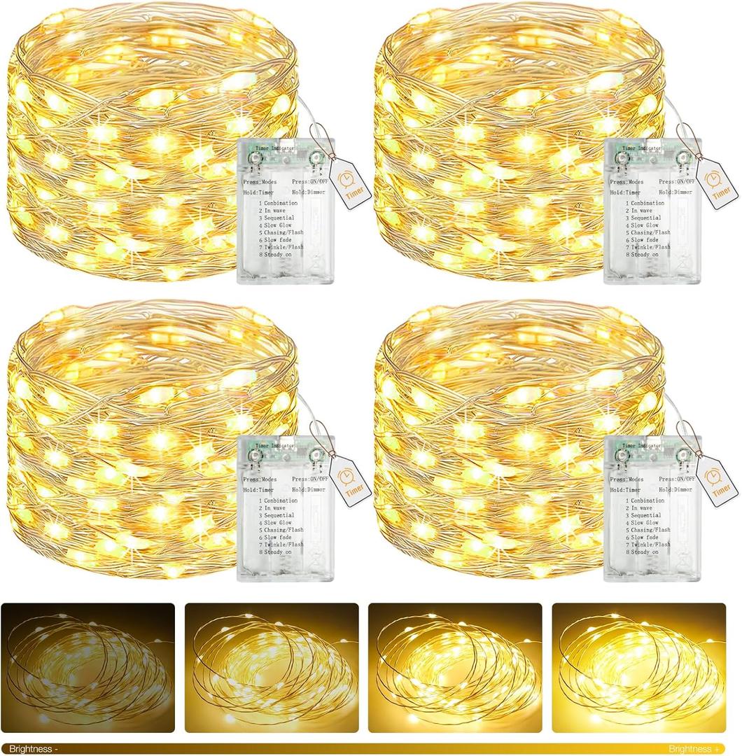 btfarm 4 Pack Fairy Lights Battery Operated with Timer, 16.4 FT 50 LED Silver Wire Twinkle String Lights 8 Modes Dimmable Waterproof for Indoor Christmas Bedroom Wedding Decorations, Warm White