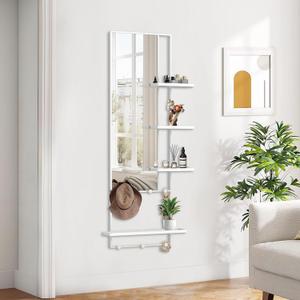 ANYHI Full Length Wall Mirror with 4 Detachable Trays and Hooks
59.4x19 Inch Metal Frame Wall Mounted/Standing Full Mirror, HD Glass Dressing Mirror for Bedroom Entryway Living Room, White