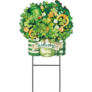 Amyhill St Patricks Day Outdoor Deorations Irish Garden Metal Stakes 25 Inch Lucky Shamrocks Welcome Yard Signs Happy St Patricks Day Decor Irish Outdoor Decorative Garden Stakes Patio Lawn Walkway