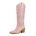 Wetkiss Pink Knee High Cowboy Boots for Women Western Cowgirl Boot Womens Tall Boot Thigh High Country with Pink Floral Embroidered Pointed Toe Chunky Heel, 8.5