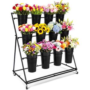 Flower Plant Display Stand with Buckets 43 Inch Tall 3 Layers Metal Stand Cart Holder Moving Florist Bouquet Shelf for Fresh Flower Bar Shop Decor Patio Garden Outdoor Pop-up Events (Black)