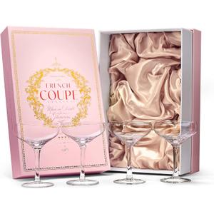 GLASSIQUE CADEAU French Small Vintage Champagne Coupe Glasses | Set of 4 | 6 oz Crystal Classic Cocktail Glassware - Martini, Sidecar, Daiquiri | Retro Saucers for Bar Drinks