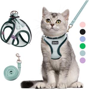 Cat Harness and Leash Set, Soft and Breathable Vest with Reflective Strip, Escape Proof Kitten Harness, Easy to Wear for Cats Walking and Traveling (Light Green, L) (L (Chest:17''-19''))