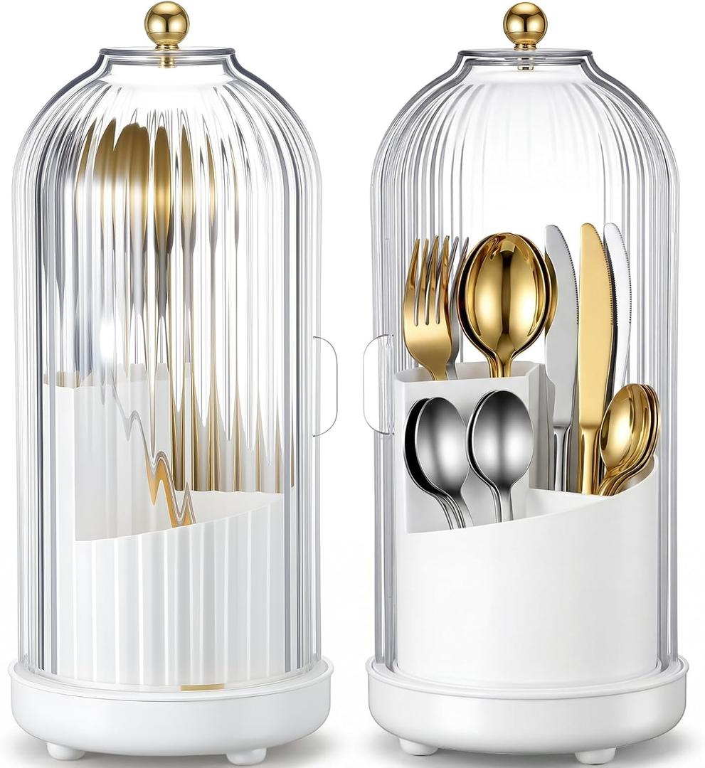 2 Pack 360 Rotating Silverware Organizer, Utensil Holder with Lid for Kitchen Counter, Silverware Caddy with Drainage Dustproof Flatware Holder for Cutlery Spoon Fork Storage, White(3 Slot)