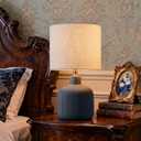 Ceramic Table Lamp, 17.75" Nautical Bedside Lamp with Beige Linen Shade, Warm Ambient Nightstand Lighting for Beach House, Navy Blue
