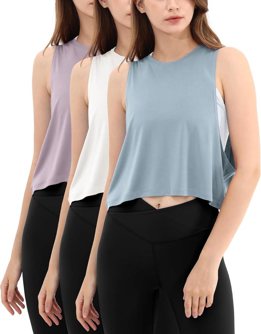 ODODOS 3-Pack Loose Tank Tops for Women Sleeveless Gym Athletic Workout Tops Yoga Shirts (Medium, Lavender+white+blue Fog (Crop))