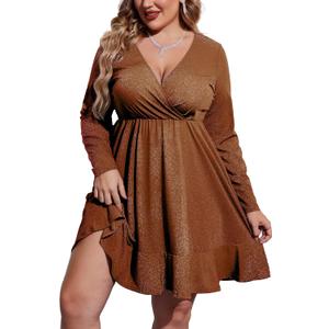 IN'VOLAND Plus Size Womens Glitter Dress V Neck Long Sleeve Ruffle Hem Swing Club Cocktail Party Dresses