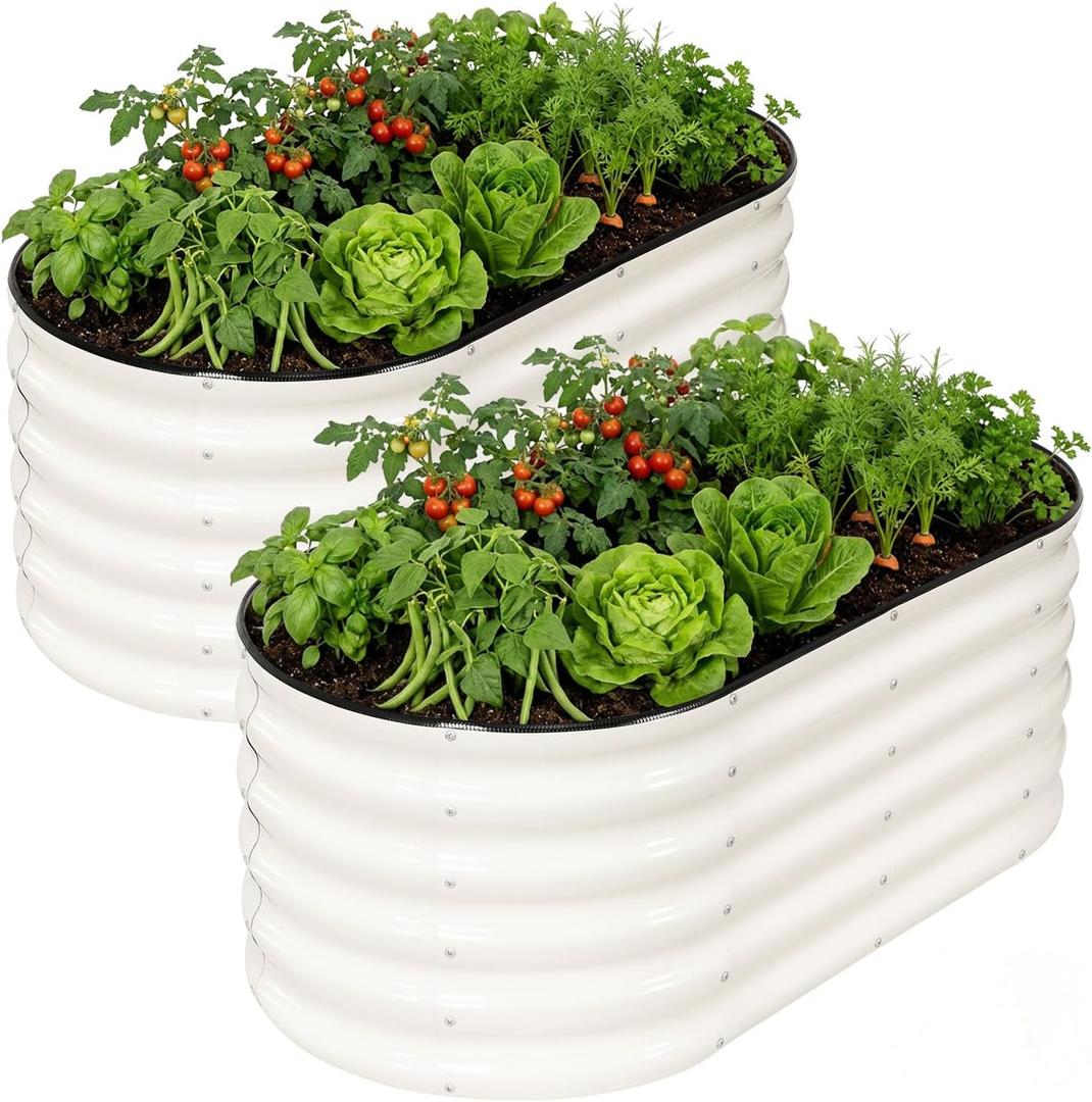 INNO STAGE Galvanized Raised Garden Bed Kits, 4x2x1.4FT Metal Raised Beds Outdoor for Gardening, 17'' Tall Large Steel Raised Planter Bed for Vegetables, Flowers Patio Ground Planter Box (White, 2Pcs)