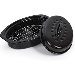 13” Roaster Pan with Lid and Rack, Small Enamel Roaster Pan with Oval Roasting Rack, Granite Baking Pot for Chicken Turkey Lamb, Heat Resistant, Oven/Dishwasher/All Stovestops Compatible